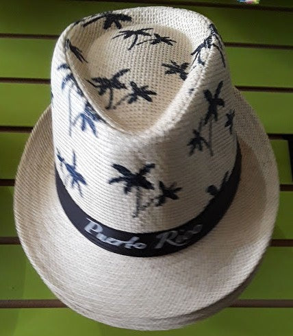 Sombrero Blanco con diseño de palmas y de Puerto Rico