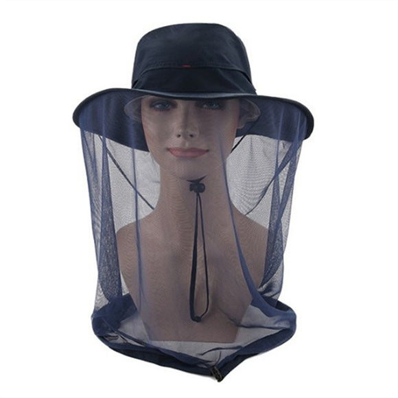 Outdoor Anti-mosquito Head Net Hat Anti-UV Flap Cap with Head Net Mesh Face Protection Fishing Hats (Dark Blue)