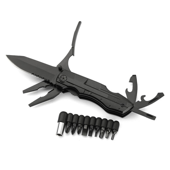 10-IN-1 Multi-functional Tool Foldable Cutter Bottle Opener Can Opener Screw Bit Connector Pliers Screwdriver Bit Group Pocket Stainless Steel Outdoor Survival Tool Kit